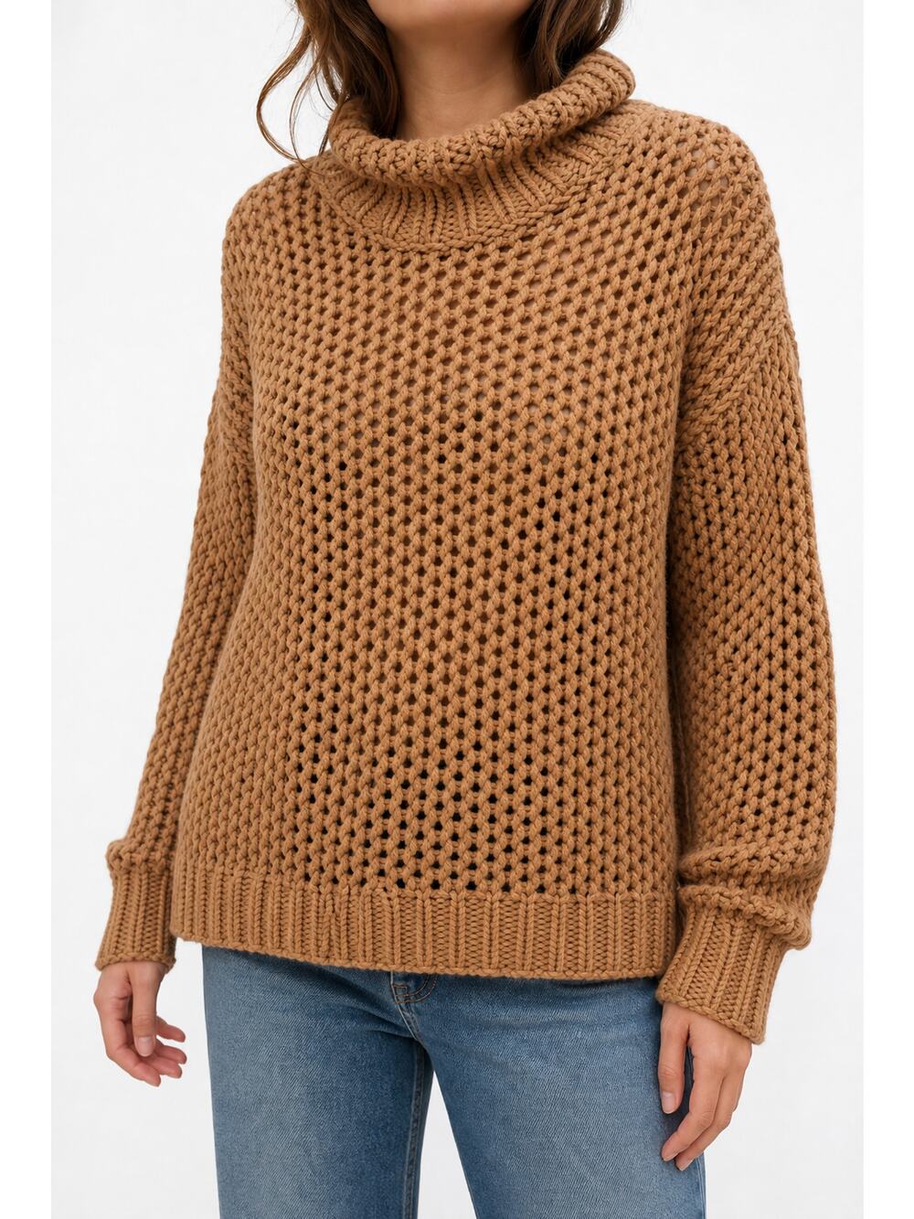 Free People Women's Chunky Knit Braided Cowlneck Sweater Camel Size M Boho